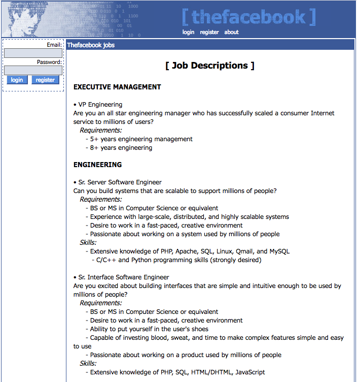 "The Facebook" jobs/hiring page (2004)